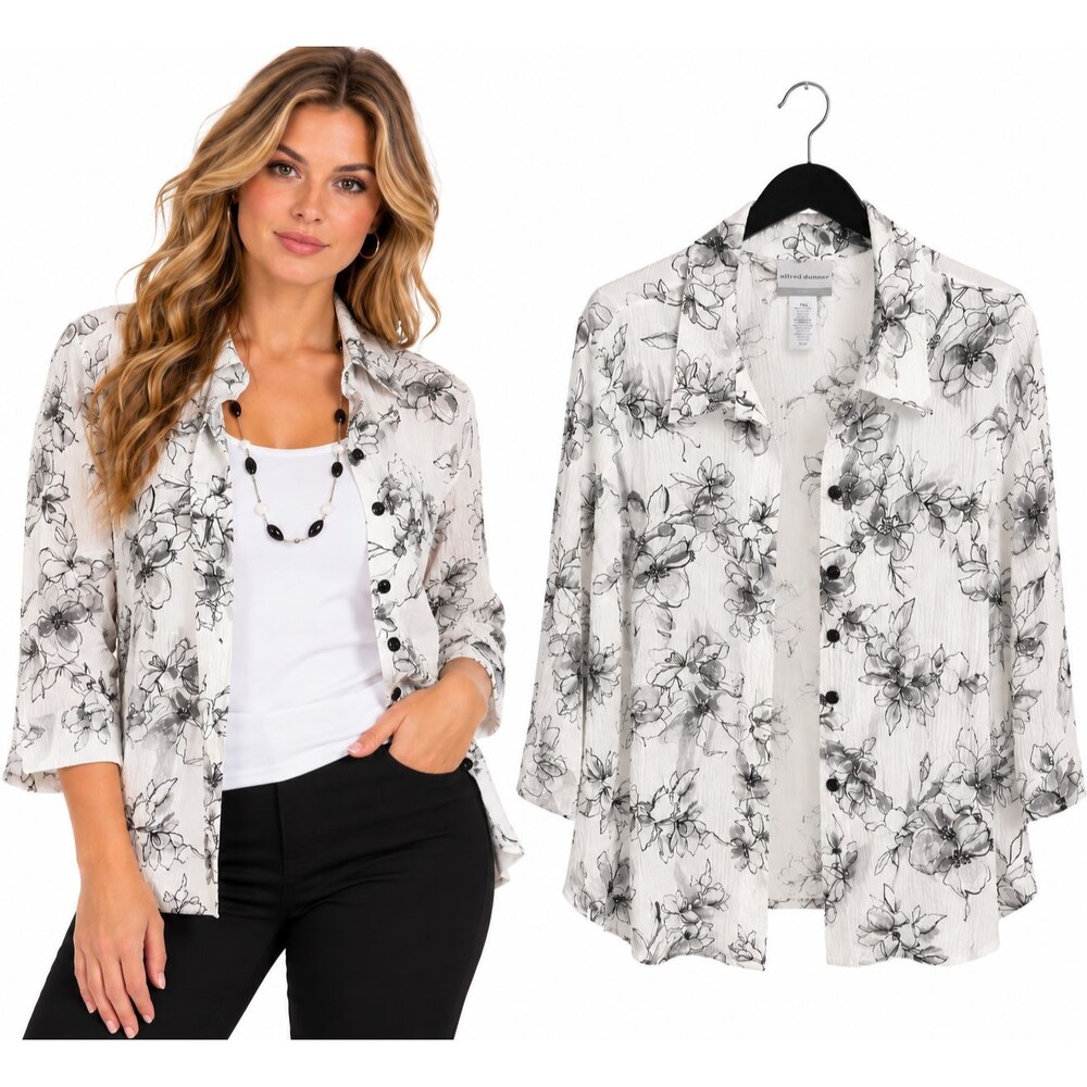 New Alfred Dunner 2 Piece Blouse Tank Necklace Size PXL Black White Floral